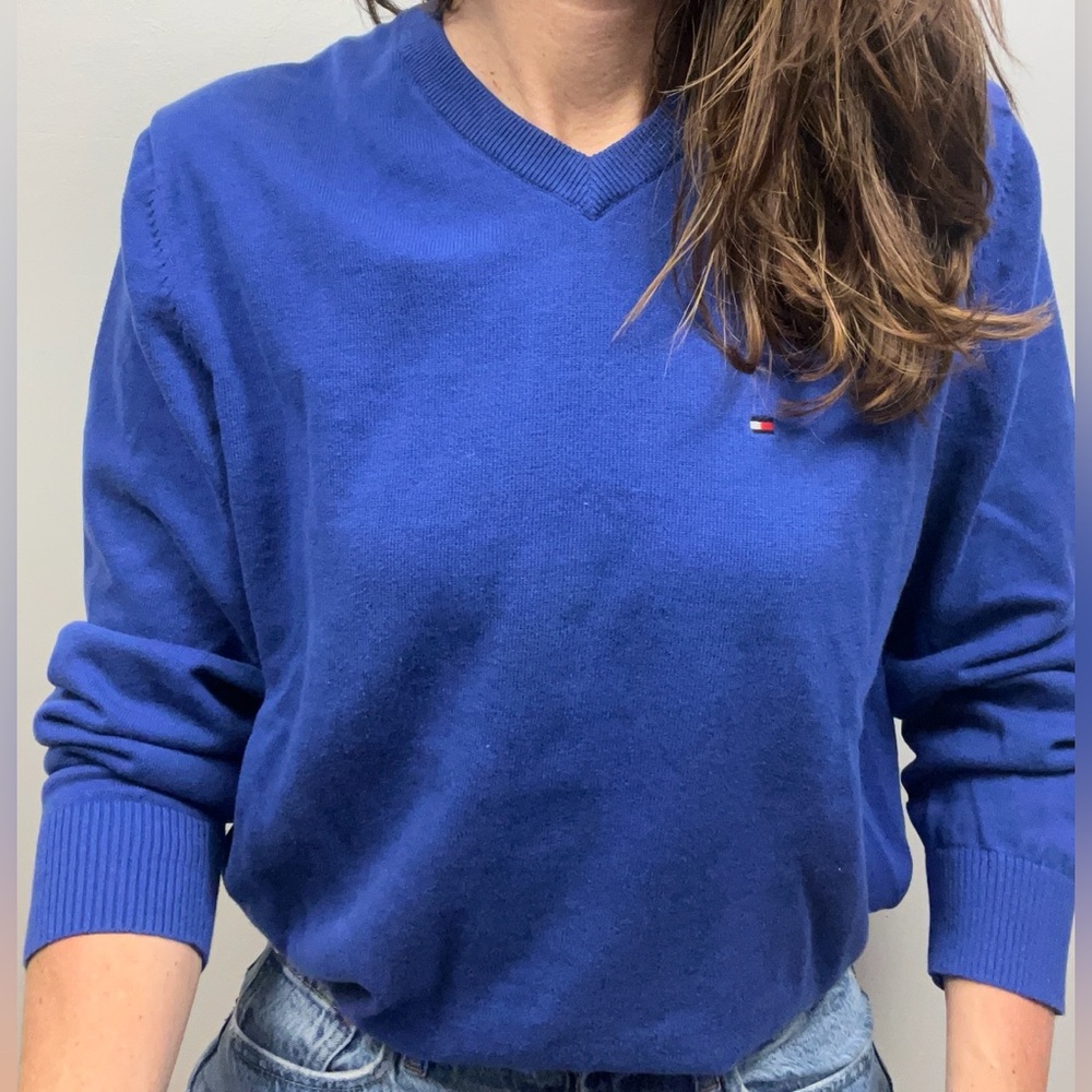 Vintage 90sTommy Hilfiger Royal Blue Cotton V-Neck Sweater–Classic Preppy Knit-L